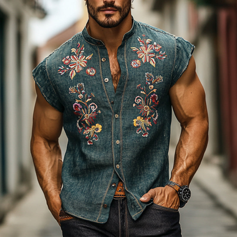 Men's Casual Cotton And Linen Embroidered Small Flying Sleeve Lapel Shirt MTA3048E7X