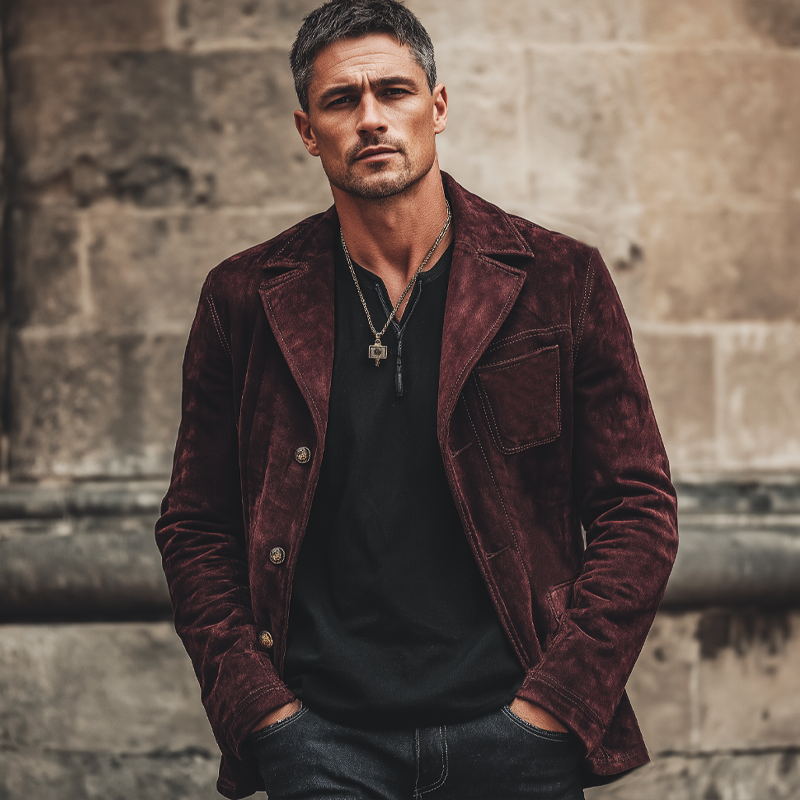 Men's Classic Dark Red Button Suede Jacket MTA0829K2U