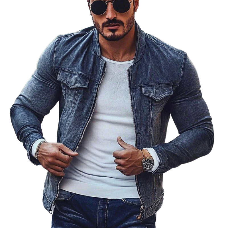Men's Stylish Motorcycle Washed Stand Collar Zipper Denim Jacket MTA2536G4X