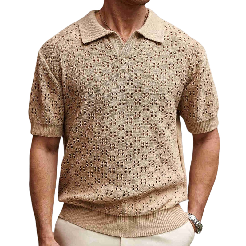 Men's Solid Color Knitted Texture Short Sleeve POLO Shirt MTA0631E0X