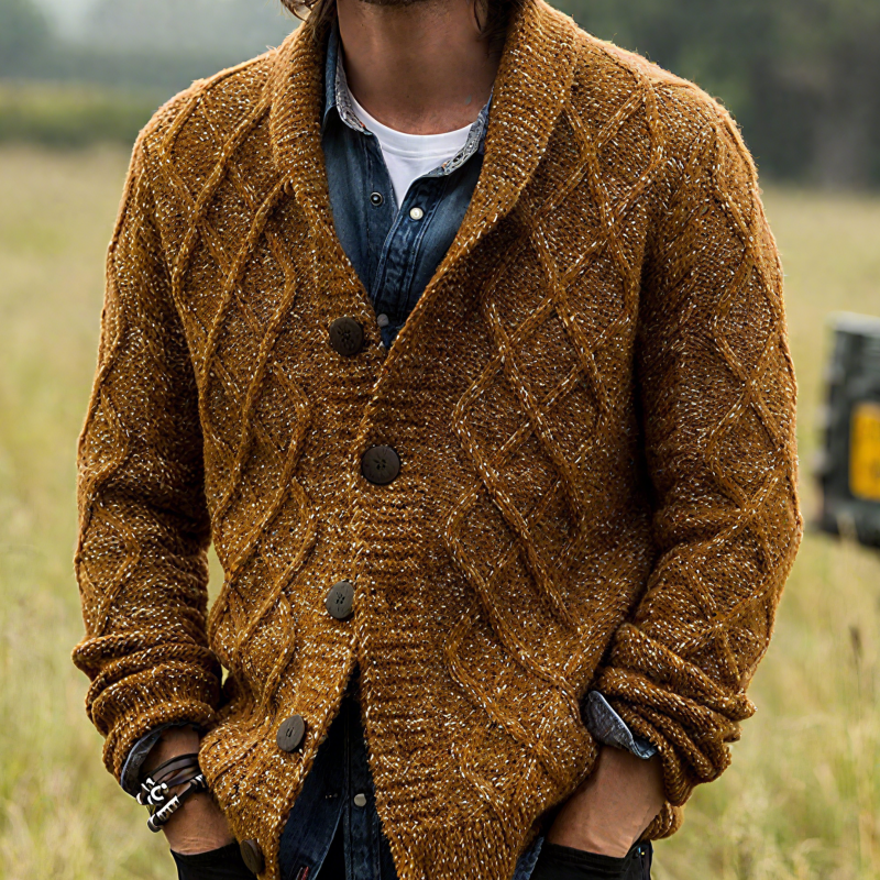 Men's Vintage Shawl Collar Single-Breasted Loose Diamond Jacquard Knit Cardigan MTA1156H6M