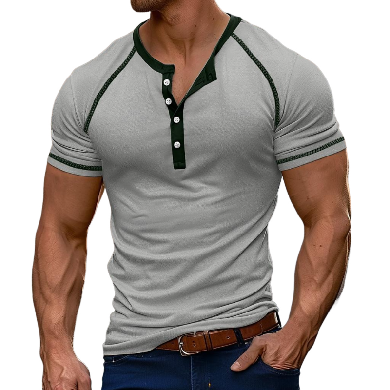 Men's Casual Cotton Contrast Color Henley Collar Slim Fit Short Sleeve T-Shirt MTA1490E3M