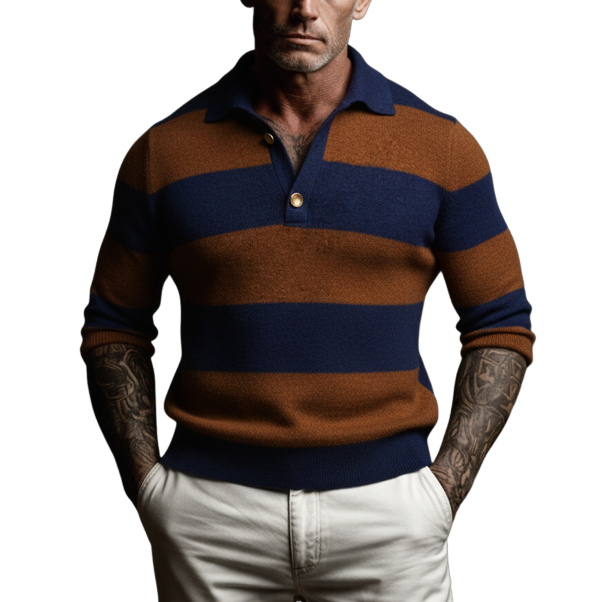 Men's Classic Casual Color-blocked Striped Polo Collar Slim Fit Sweater MTA0752K1K