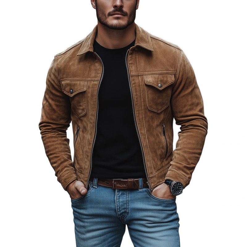 Men's Vintage Solid Color Faux Suede Lapel Zipper Placket Slim Fit Cropped Motorcycle Jacket MTA1259H0M