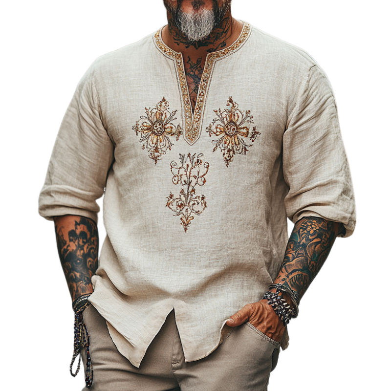 Men's Casual Vintage V-neck Cotton Blend Embroidered Long-sleeved T-shirt 91942561F