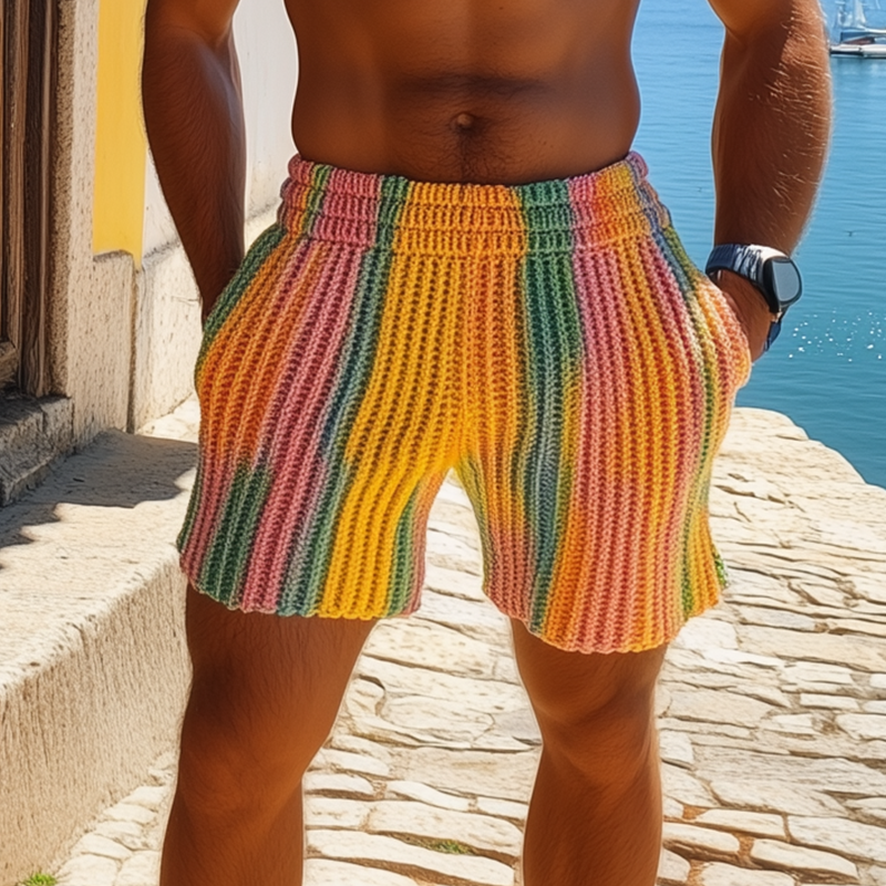 Men's Spring And Summer Fashion Casual Rainbow Elastic Waist Knitted Shorts MTA2061F5K