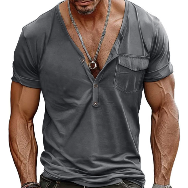 Men's Classic Casual Slim Fit Deep V-Neck Pocket Cotton Short Sleeve T-Shirt 29897522K