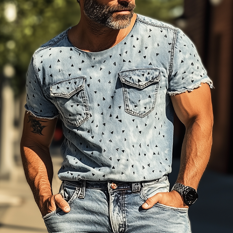 Herre sommer retro trekanttrykk denim-T-skjorte med rund hals MTA2489F9U