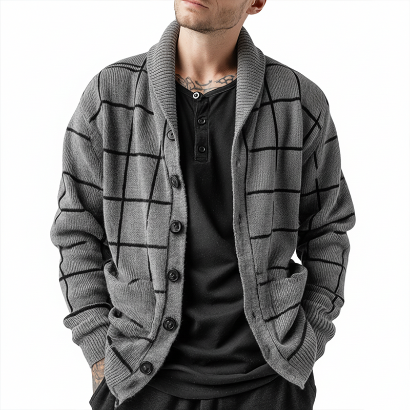 Men's Simple Plaid Cotton Knit Lapel Cardigan MTA1677J1P
