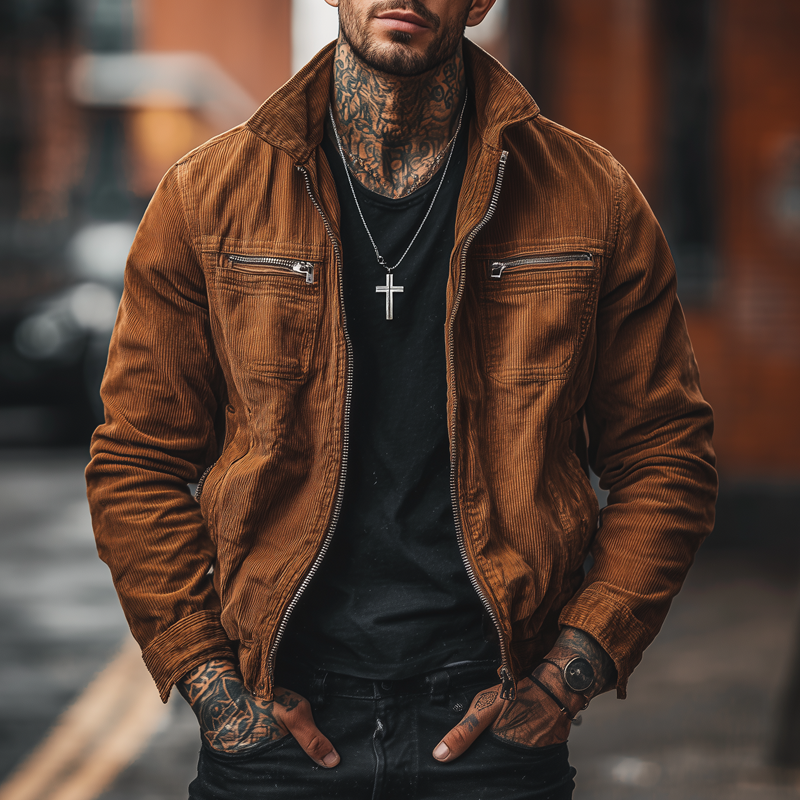 Men's Corduroy Lapel Zipper Chest Pocket Bike Jacket MTA0154H6Z