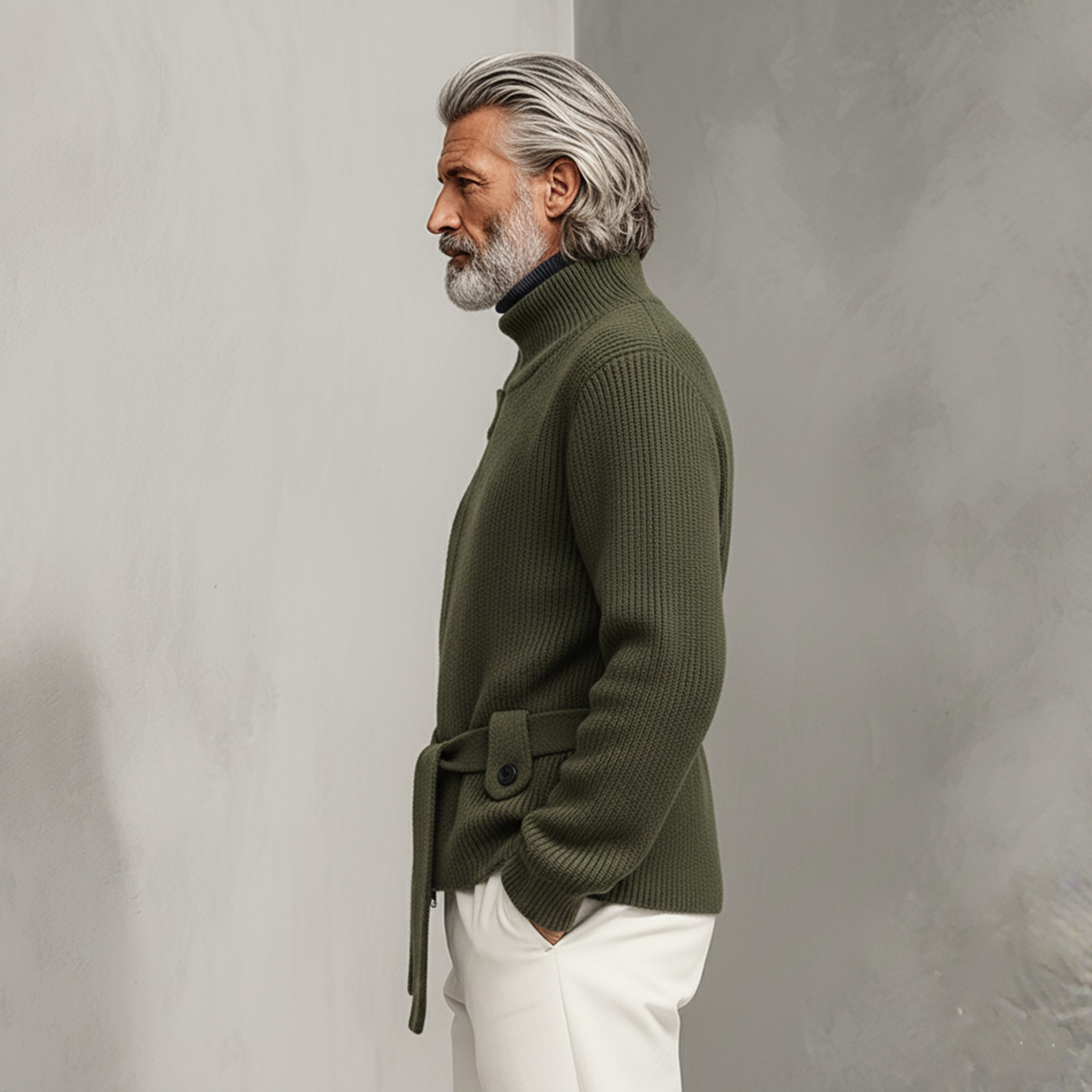 Men's Classic Casual Stand-up Collar Zip-up Knit Cardigan (belt Included) MTA0492K7K