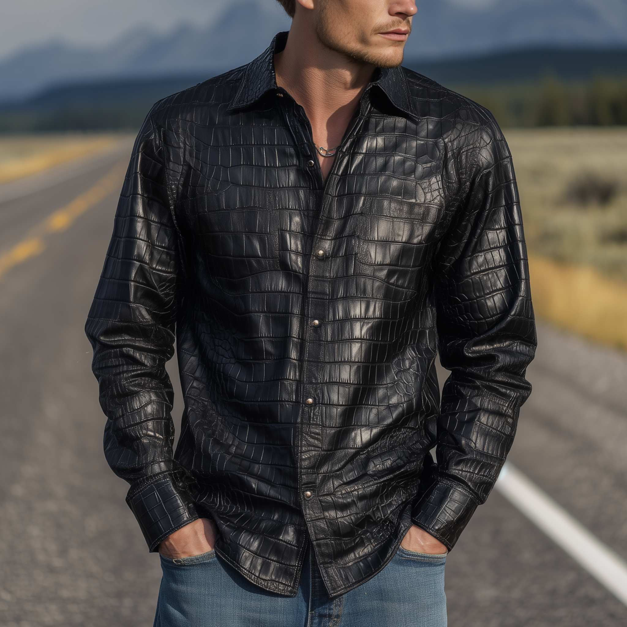 Men's Retro Fashion Textured Leather Long Sleeve Shirt MTA0779H6K