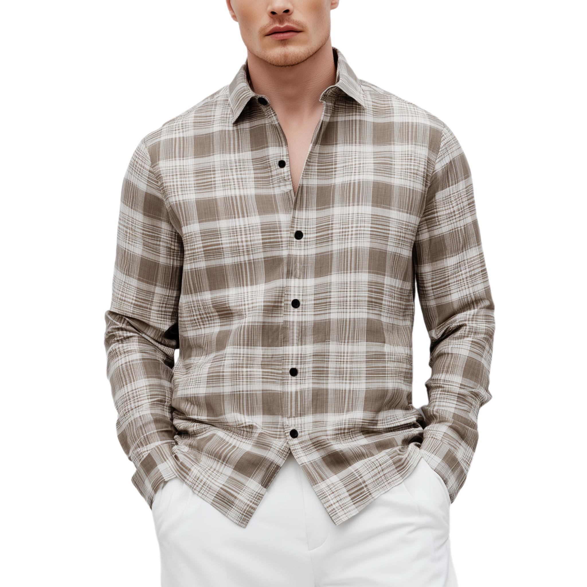 Men's Classic Casual Check Cotton Blend Lapel Long Sleeve Shirt MTA2905G8K