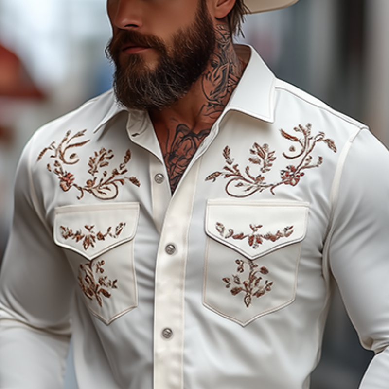 Men's Classic American Western Style Embroidered Slim Fit Cotton Long Sleeve Shirt 98153445K