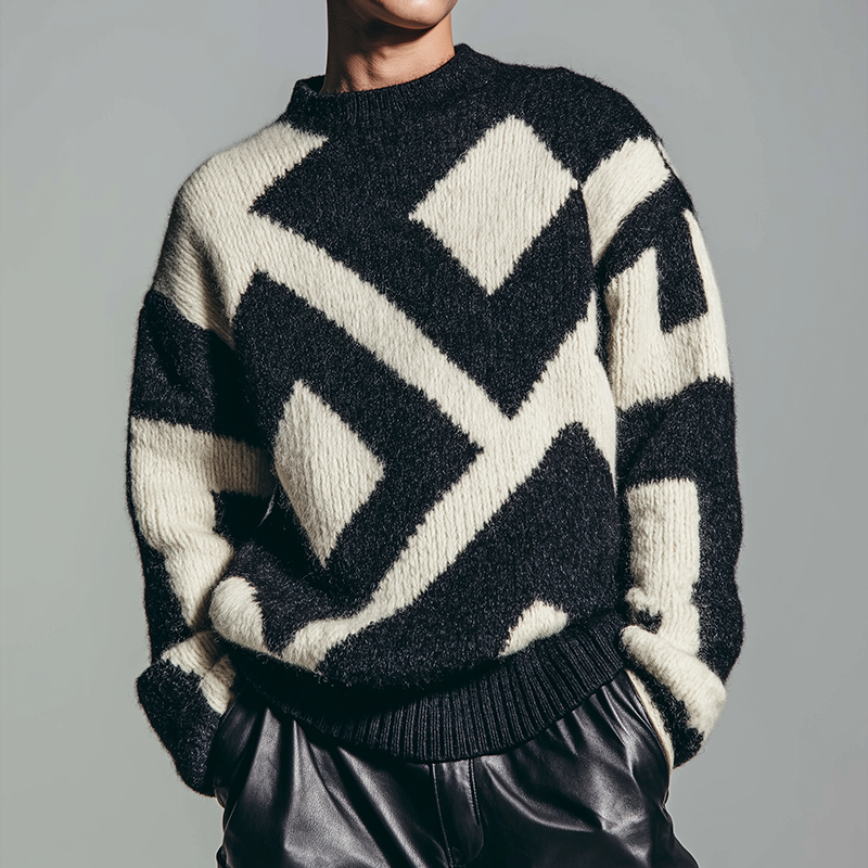 Men's Retro Casual Geometric Knitted Crew Neck Pullover Sweater MTA1728J2TO