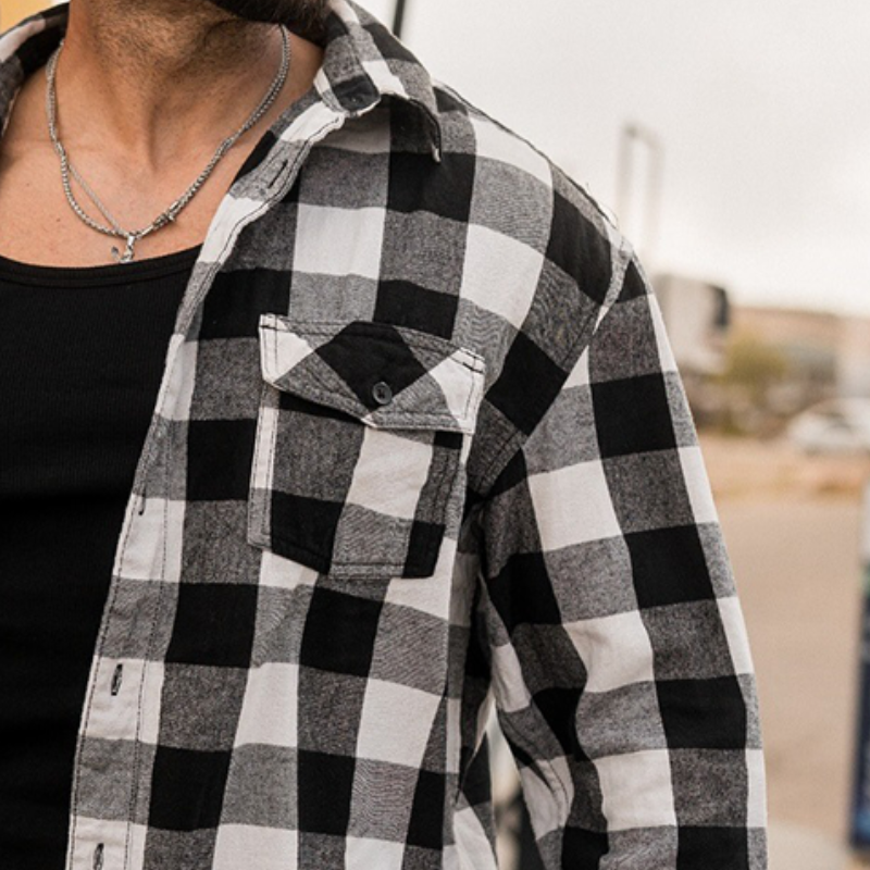 Men's Retro Casual Handsome Plaid Motorcycle Style Lapel Long Sleeve Shirt MTA2377G4TO