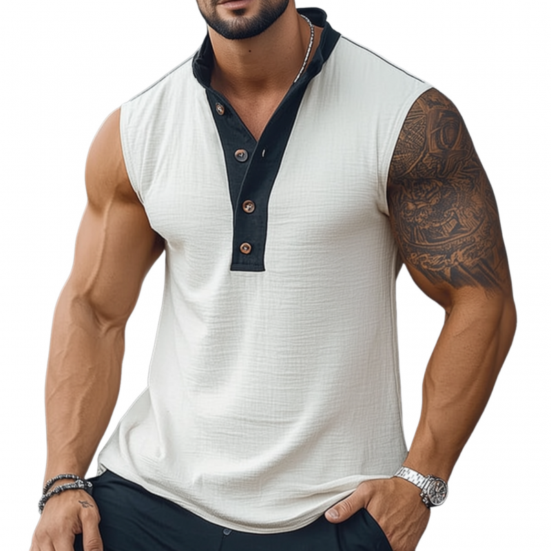 Men's Casual Breathable Colorblock Cotton Linen Button Stand Collar Pullover Loose Tank Top MTA2508F7M