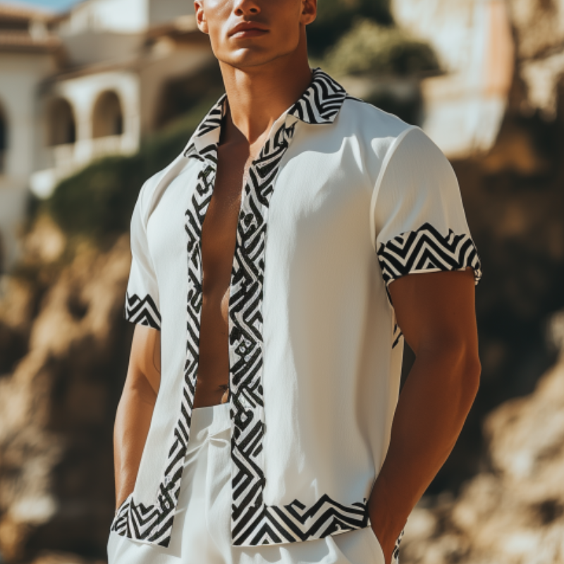 Men's Fashion Spring Summer Casual Printed Short Sleeve Shirt Casual Shorts Set 97232674K