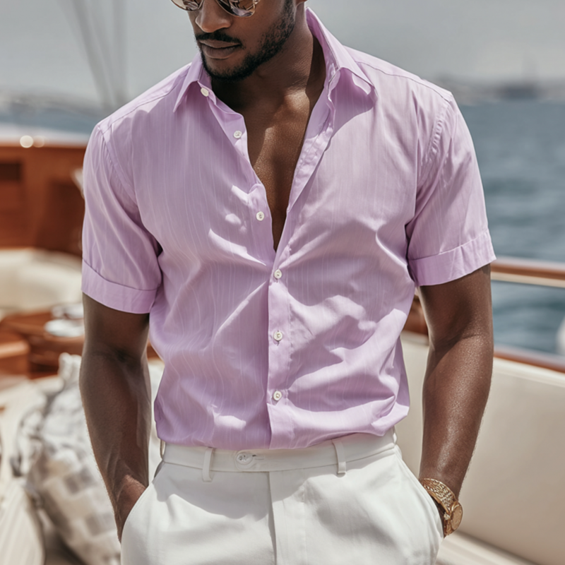 Men's Fashion Breathable Cotton Blended Lapel Slim Fit Short Sleeve Shirt MTA0121G8M