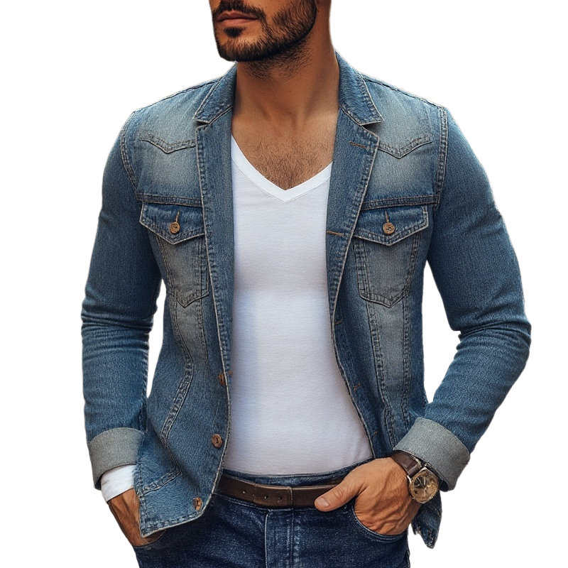 Distressed Notch Lapel Single Breasted Denim Blazer for menn 19816838Z