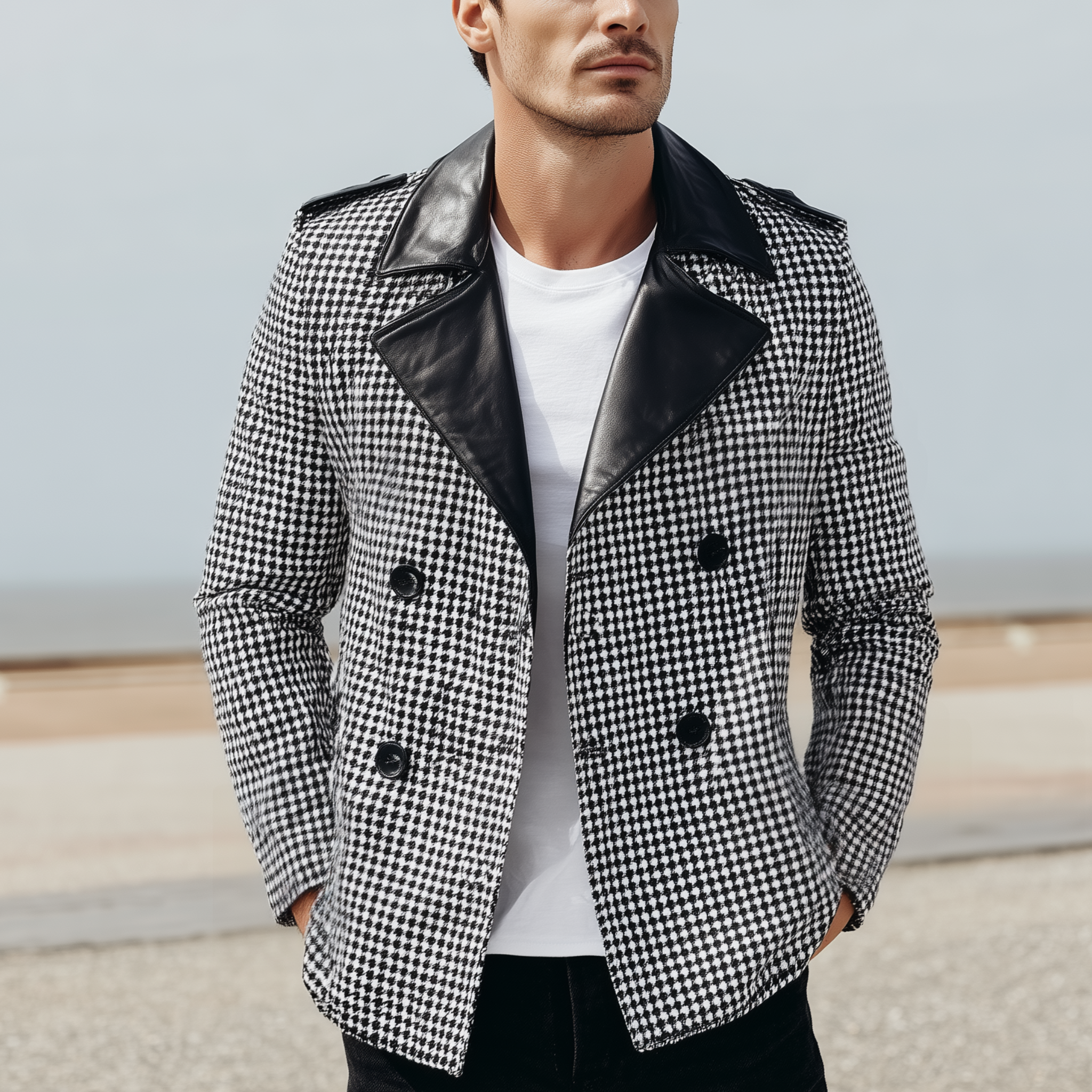 Men's Classic Casual Lapel PU Leather Double-breasted Houndstooth Fabric Jacket MTA0184I5K