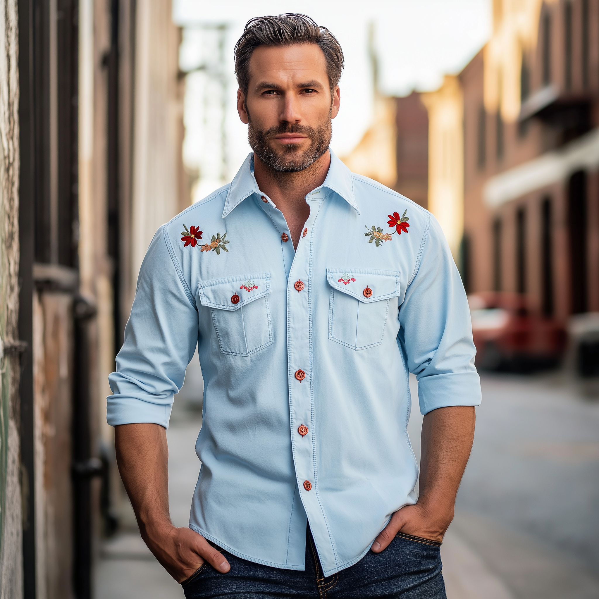 Men'S Summer Fashion Embroidered Long Sleeve Denim Shirt MTA1360E9P