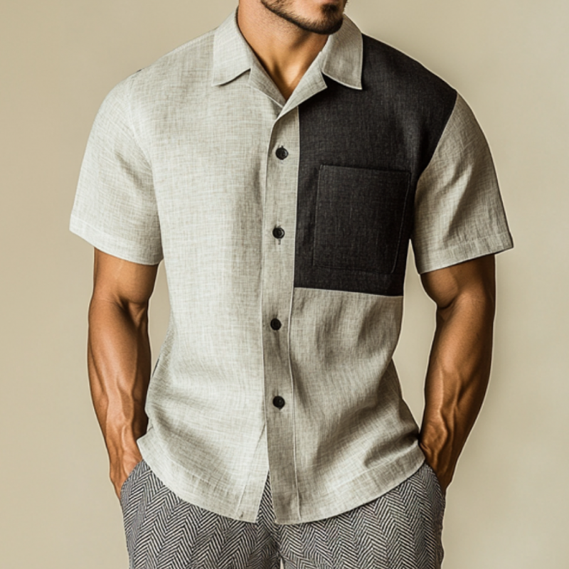 Men's Casual Contrast Linen Lapel Patch Pocket Slim Fit Short Sleeve Shirt MTA1525E7M