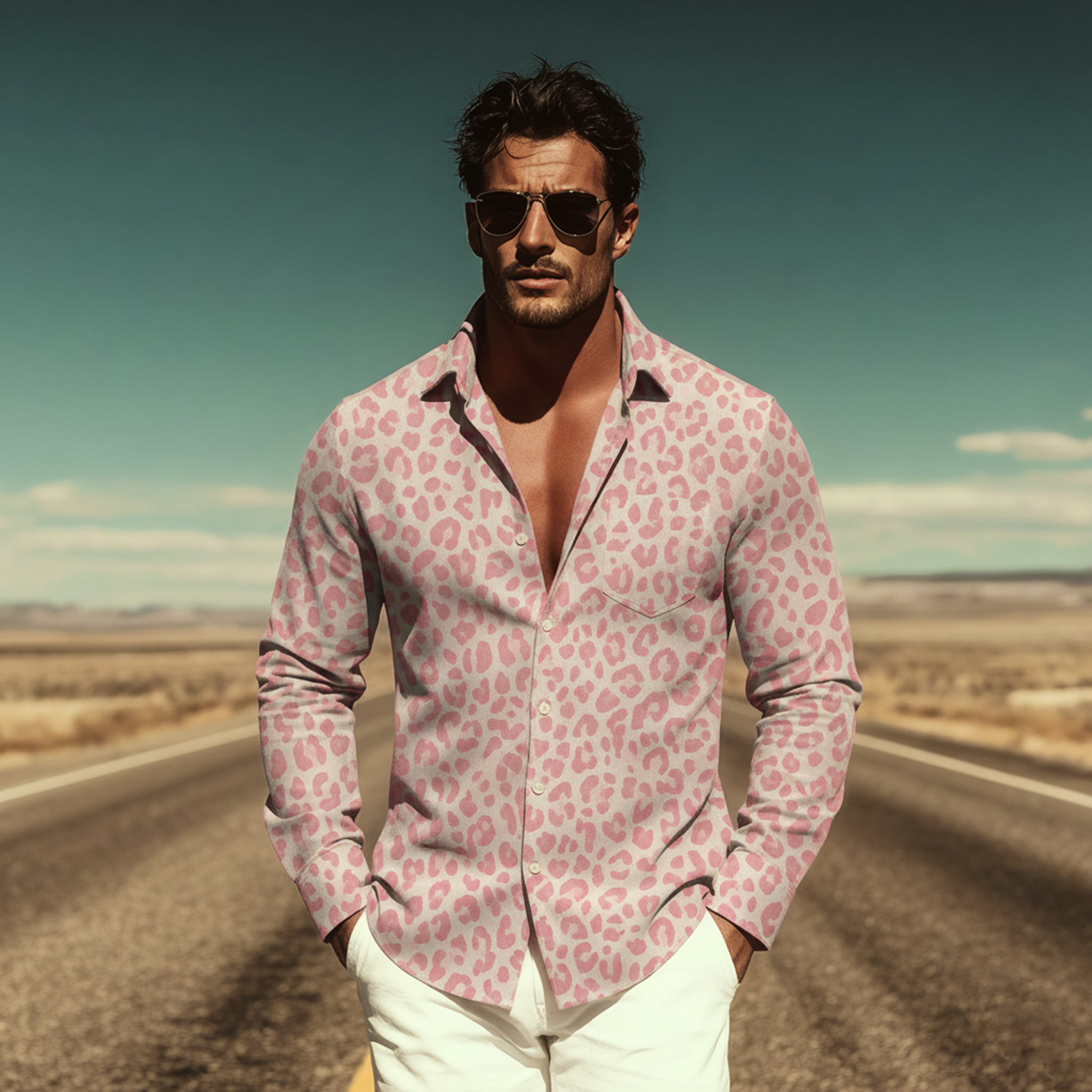 Men's Classic Casual Denim Leopard Print Long-sleeved Shirt MTA1904L0K