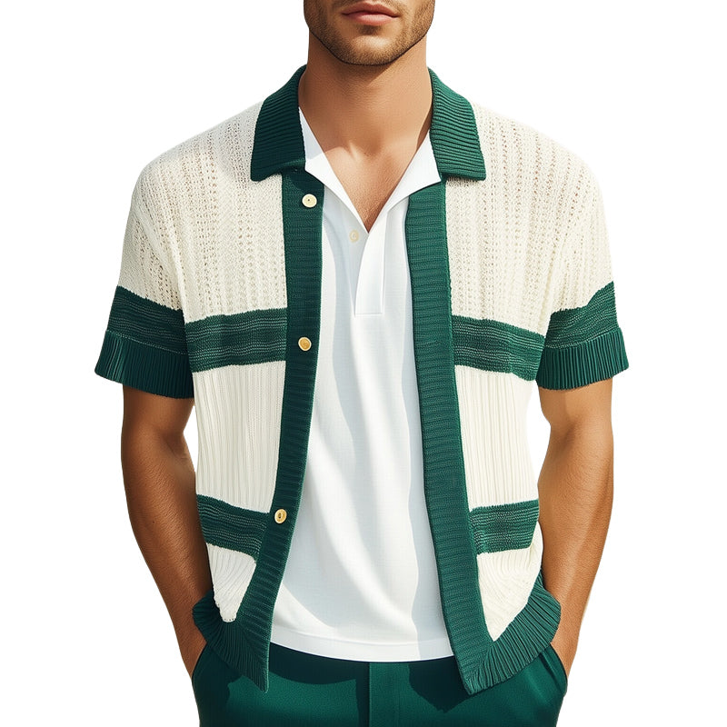 Men's Summer Comfortable Breathable Color Block Knitted Short-Sleeved Shirt MTA1651E6U