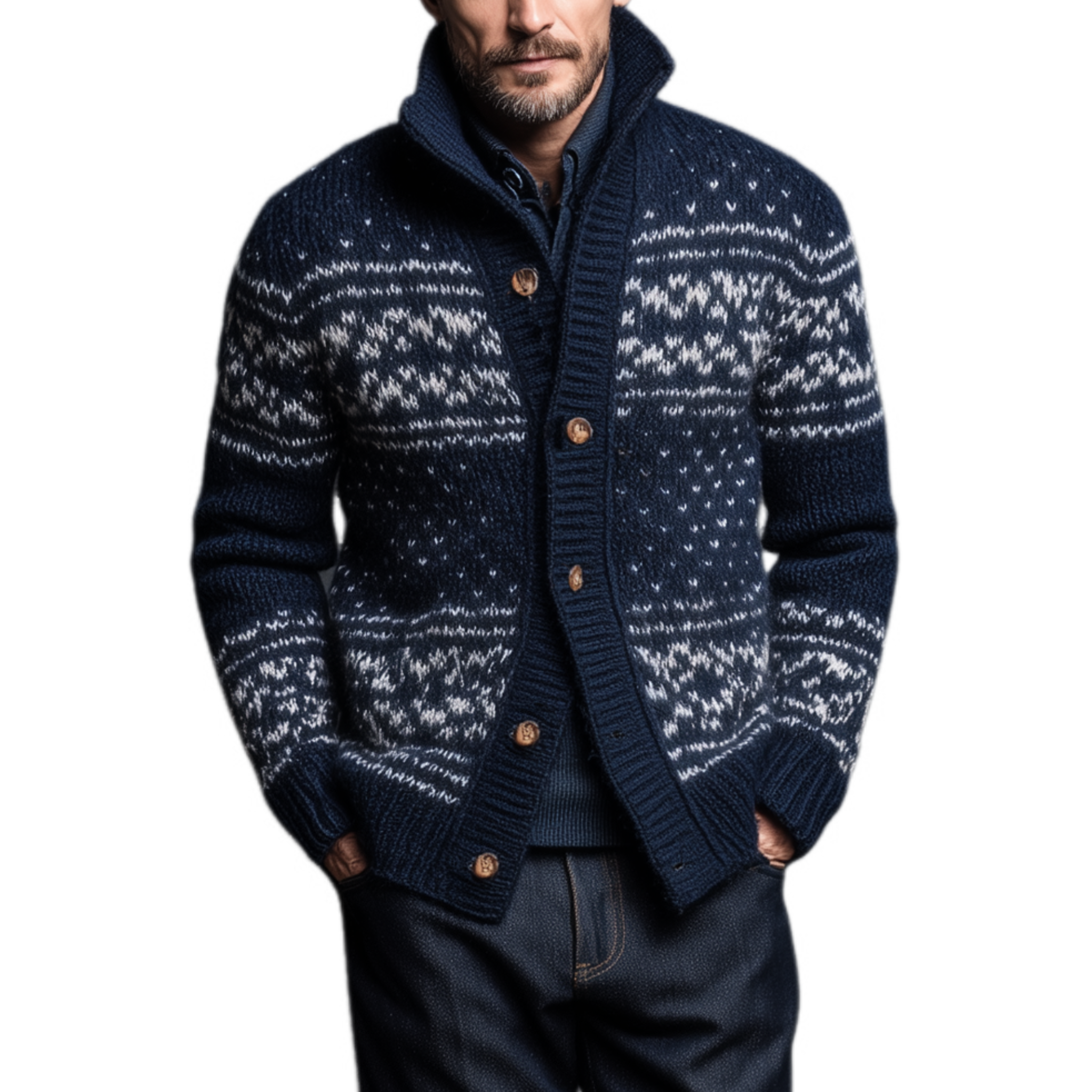 Men's Classic American Retro Stand Collar Jacquard Knit Cardigan MTA0404I2K