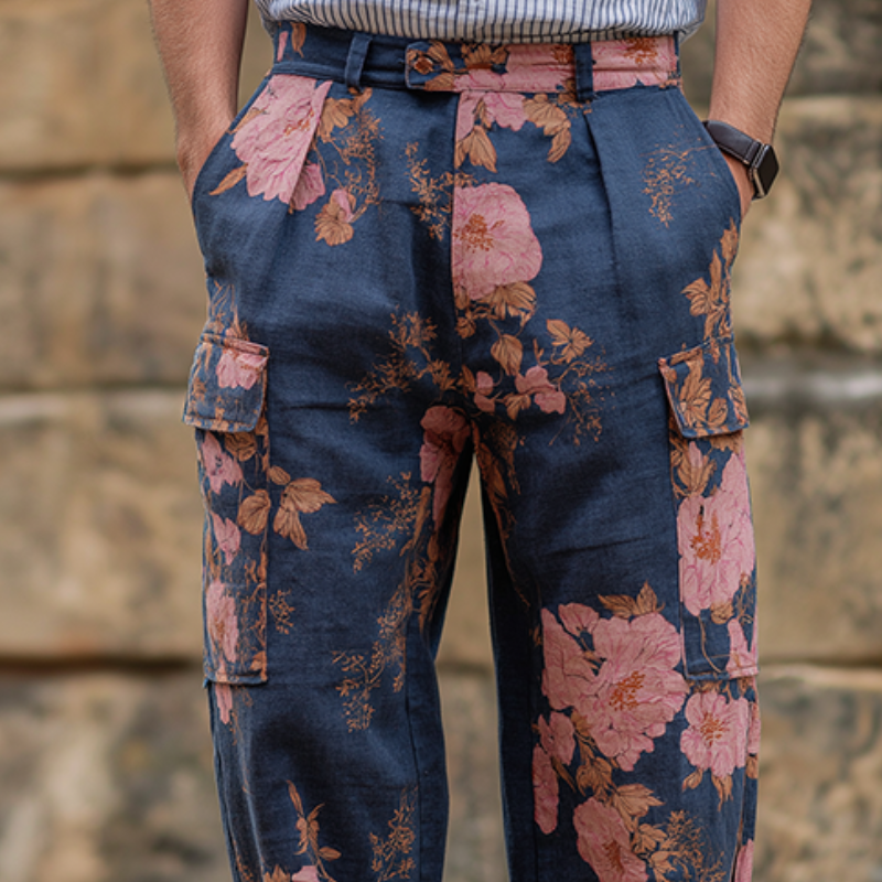 Men's Vintage Casual Large Floral Print Pocket Pants MTA3162G7TO