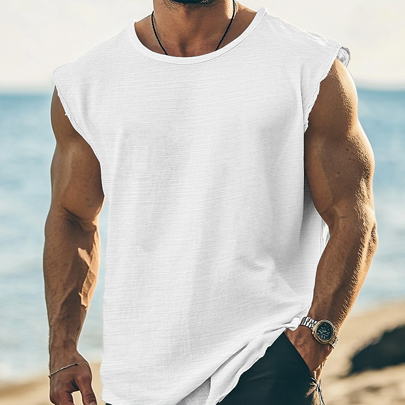 Men's Solid Color Round Neck Cotton Blend Sleeveless T-Shirt MTA2112G0X