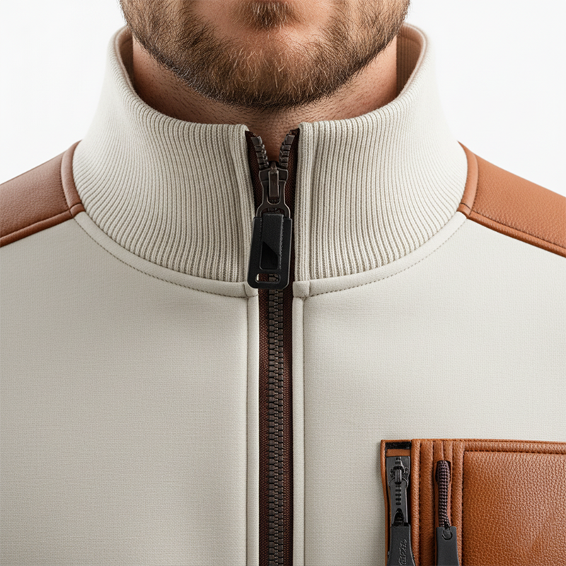 Men's Fashion PU Faux Leather Patch Half Zip Turtleneck Sweatshirt MTA2719J4P