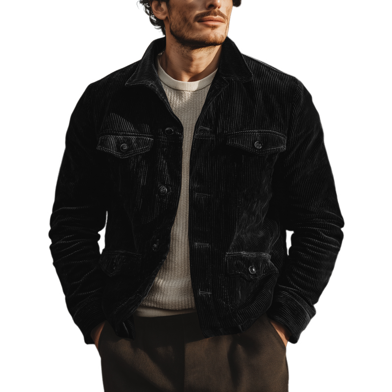 Men's Vintage Solid Color Corduroy Lapel Single-breasted Multi-pocket Cargo Jacket MTA3156G3M