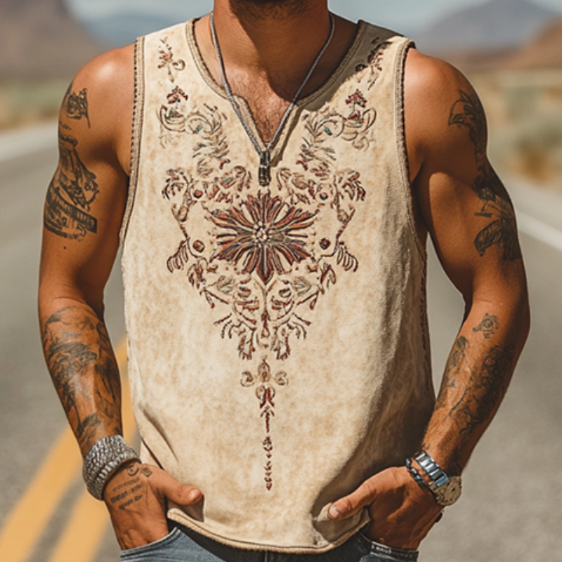 Men's Classic Casual American Western Style Suede Embroidered V-Neck Tank Top 67050763K