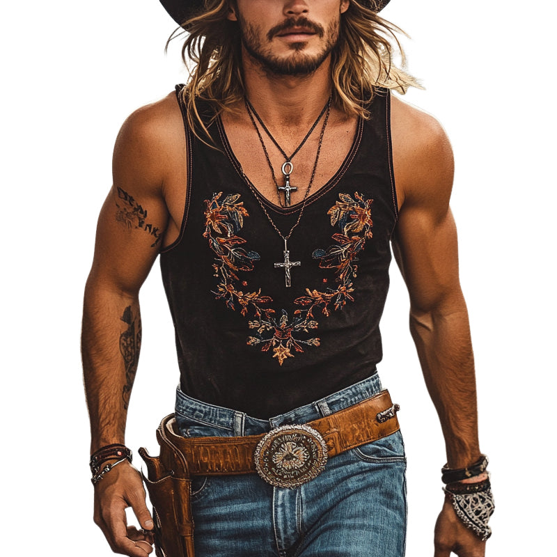 Men's Western Cowboy Style Embroidered Crew Neck Tank Top MTA1344E6X