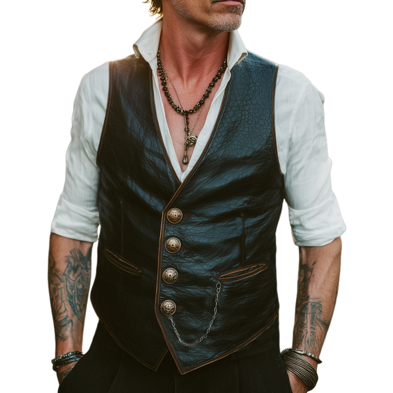 Men's Vintage Textured PU Leather Single Breasted Vest MTA1330H2U