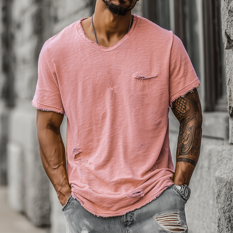 Men's Fashion Casual Bamboo Cotton Ripped Raw Edge Round Neck Short Sleeve T-shirt MTA1556G4K