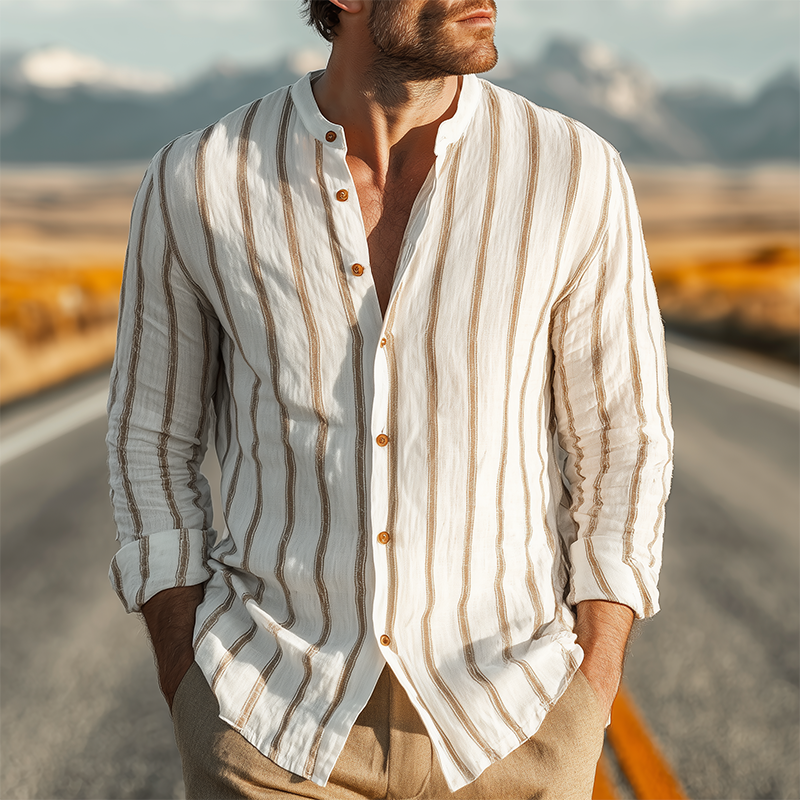 Men's Spring And Summer Classic Casual Stand-up Collar Tencel Cotton Blend Vertical Striped Long-sleeved Shirt MTA1164G9K