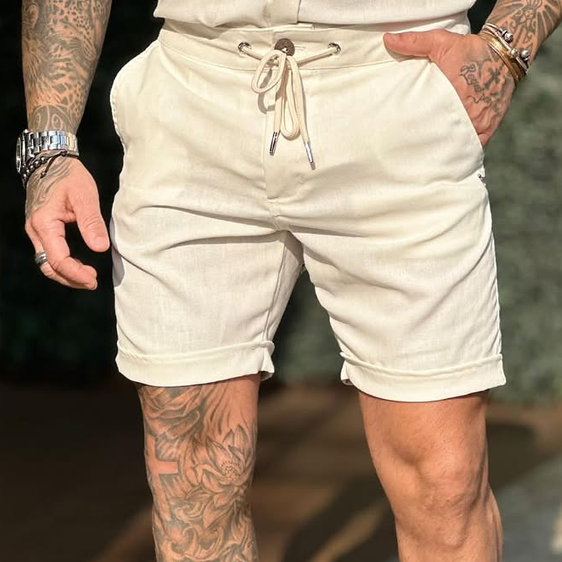 Men'S Solid Cotton And Linen Drawstring Waist Casual Shorts MTA0888E0Z