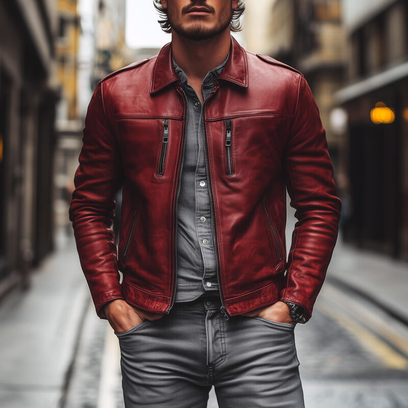 Men's Vintage Fashion Solid Color PU Lapel Zipper Placket Multi-Pocket Slim Fit Motorcycle Jacket MTA2734H0M