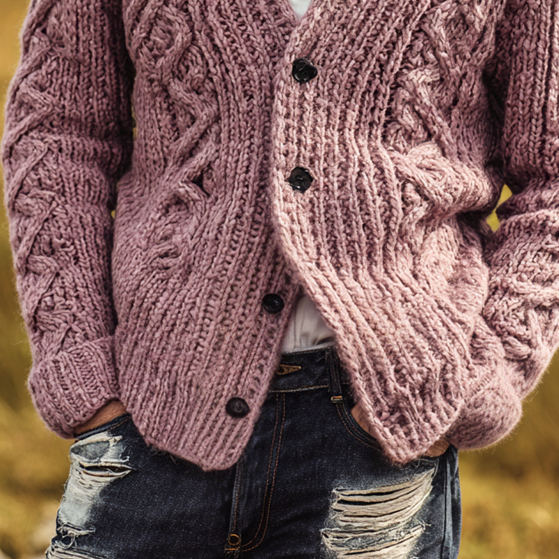 Men's Cable Knit V Neck Single Breasted Cardigan MTA0266I8Z