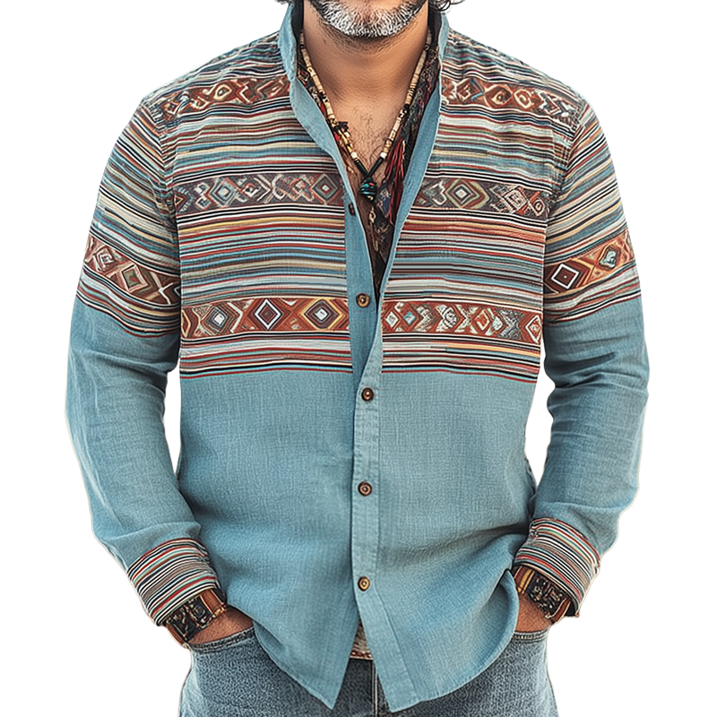 Men's Ethnic Print Stand Collar Long Sleeve Shirt MTA0201H9Z