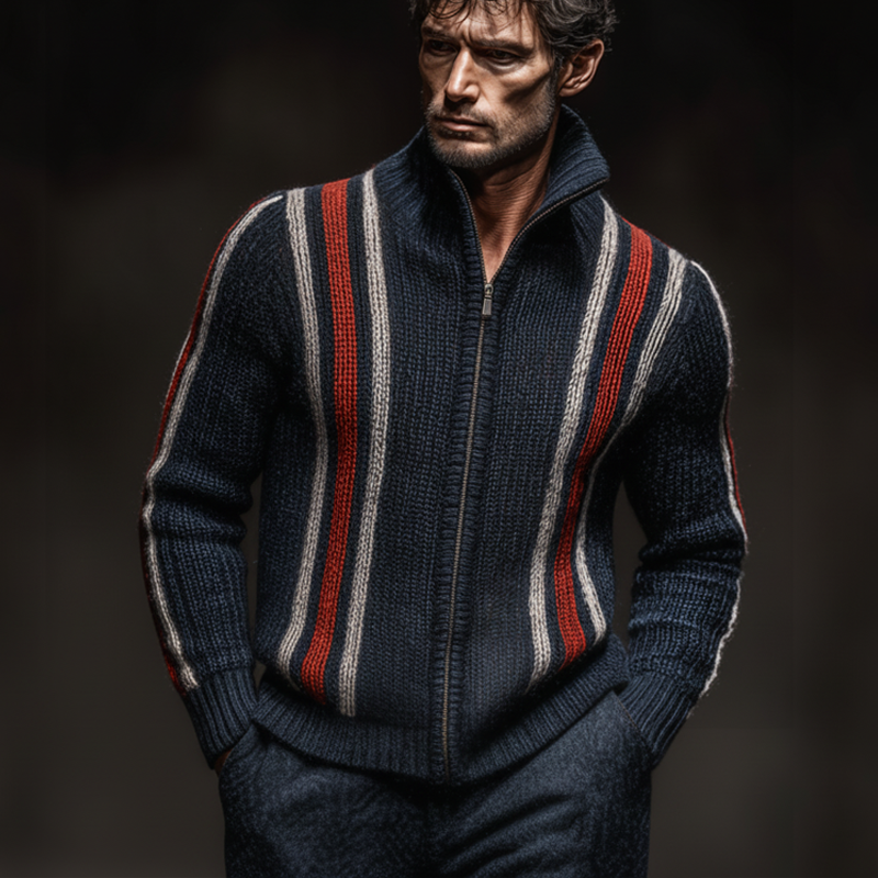 Men's Classic Colorblock Striped Stand Collar Zippered Knit Cardigan MTA2224J8U