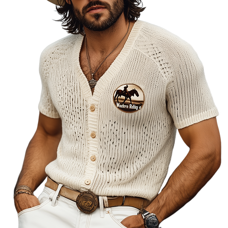 Men's Spring And Summer Fashion Casual Western Cowboy Style Thin Knitted Embroidered Short-sleeved Shirt MTA1599E8K