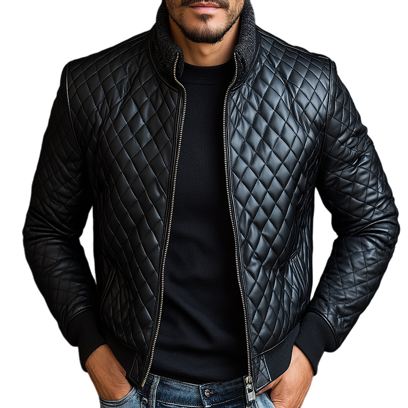 Men's Vintage Casual Faux Leather Quilted Knit Zipper Stand Collar Jacket MTA1140J3TO