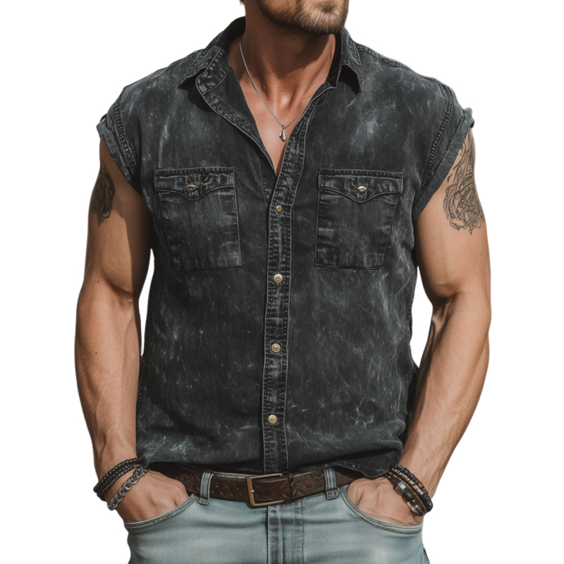 Men's Casual Outdoor Denim Washed Distressed Lapel Chest Pocket Slim Fit Sleeveless Shirt MTA2482F1M