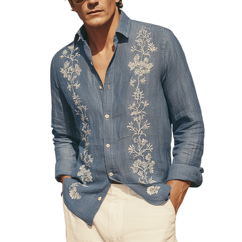 Men's Spring And Summer Retro Exquisite Embroidered Tencel Cotton Lapel Long-sleeved Shirt MTA1612G9K
