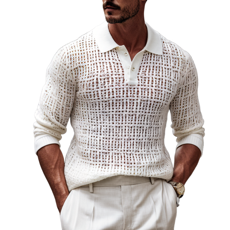 Men's Solid Hollow Out Knit Lapel Long Sleeve Polo Shirt MTA1131H1Z