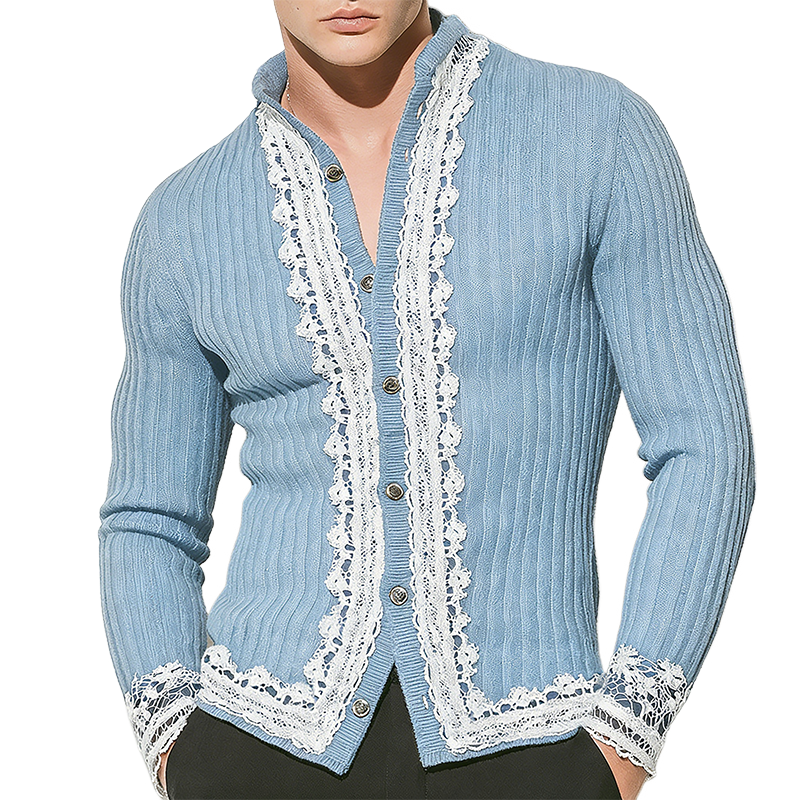 Men's Retro Casual Knitted Patchwork Lace Stand Collar Button Cardigan MTA1146L7TO
